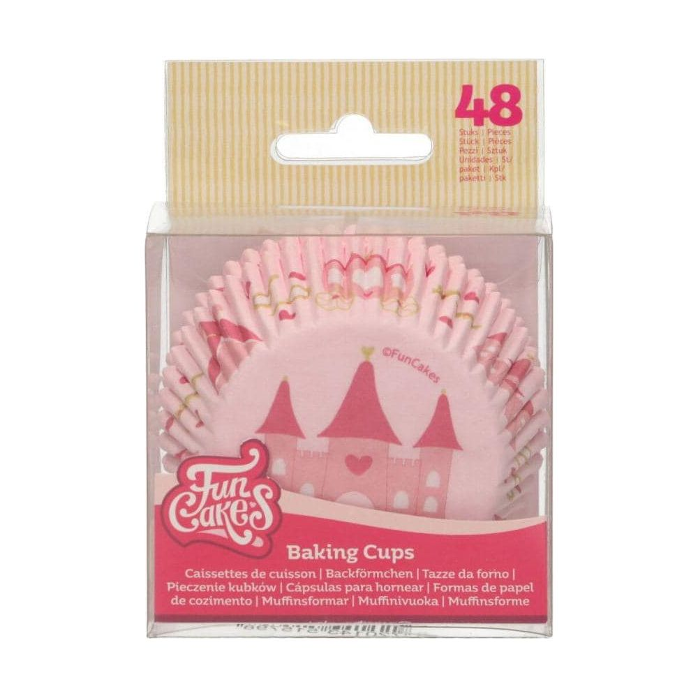 Pots à cupcakes roses motif château, 48 pièces, en emballage plastique transparent.