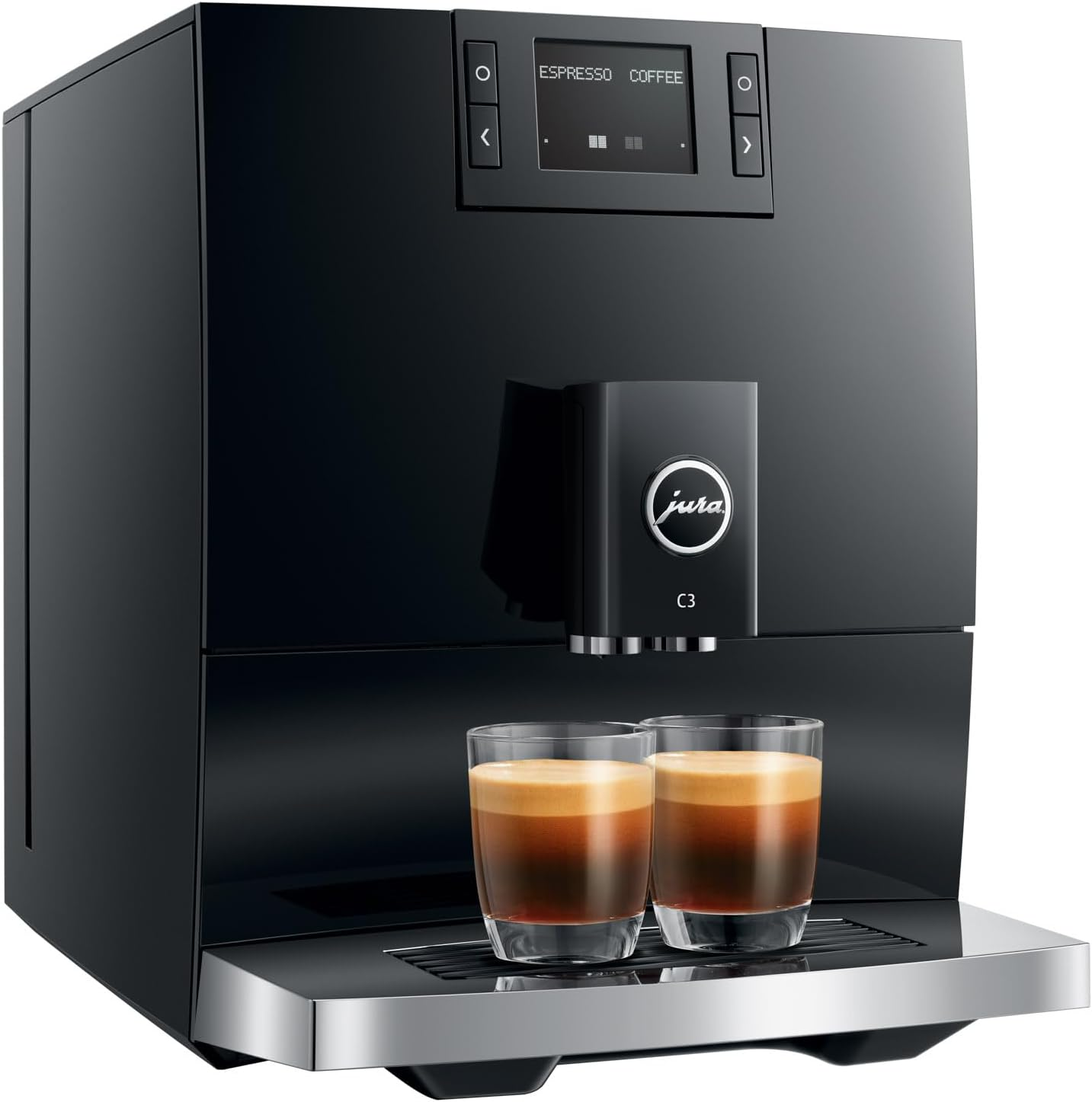 Macchina da caffè nera con due bicchieri da espresso su vassoio.