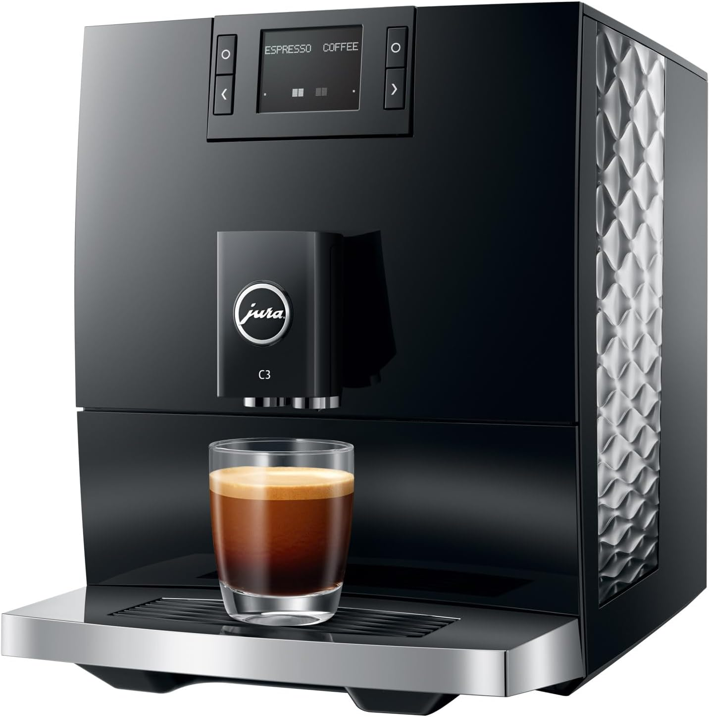 Una macchina da caffè nera con un bicchiere di espresso sopra.