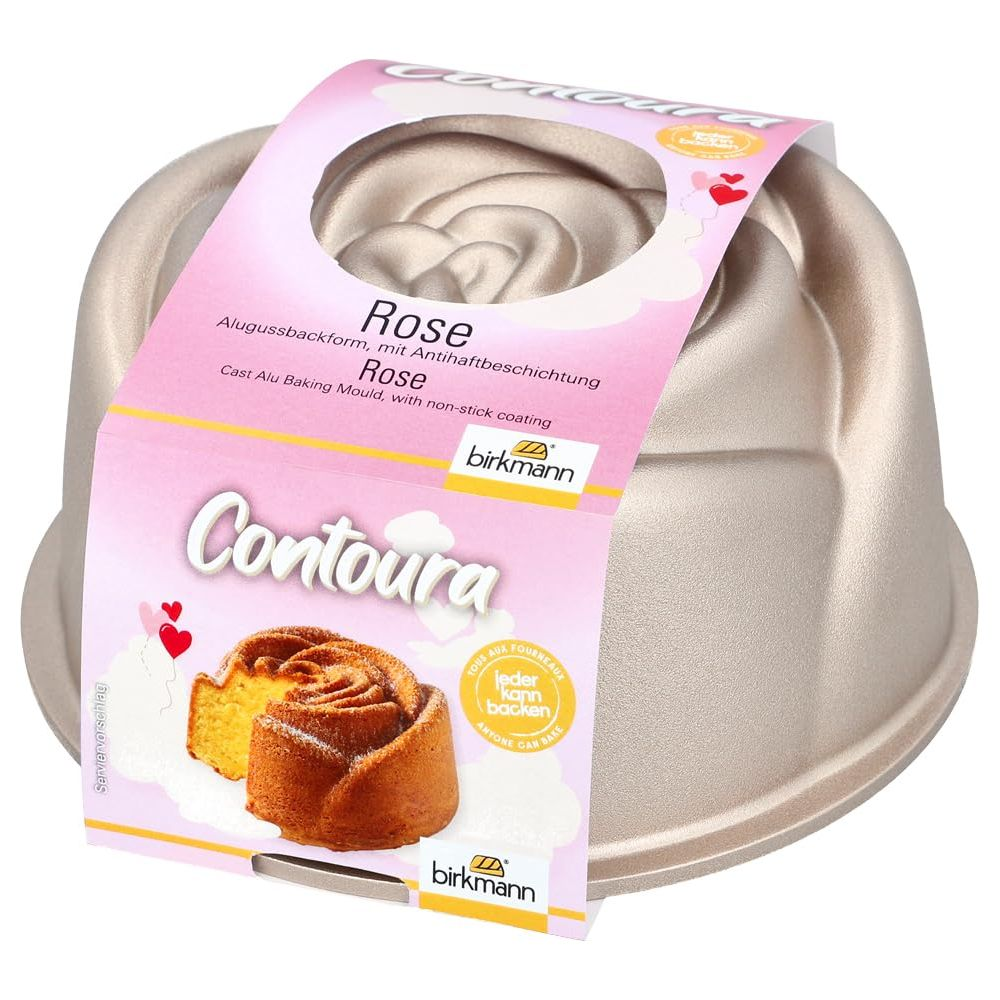 Eine rosaförmige Backform mit einem Kuchen daneben.