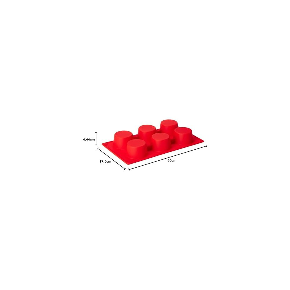 Rote Silikonform mit sechs runden Vertiefungen, 30x17,5x4,44cm.