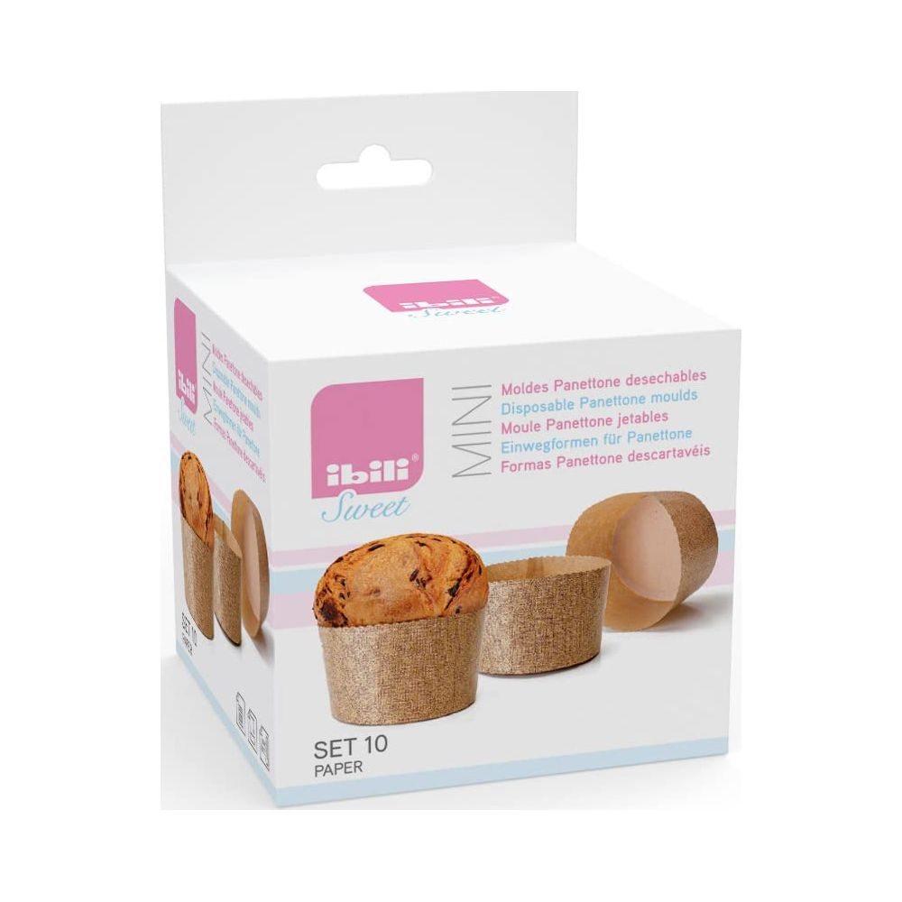 Verpackung mit 10 Mini-Panettone-Formen aus Papier, eine Form mit Kuchen.