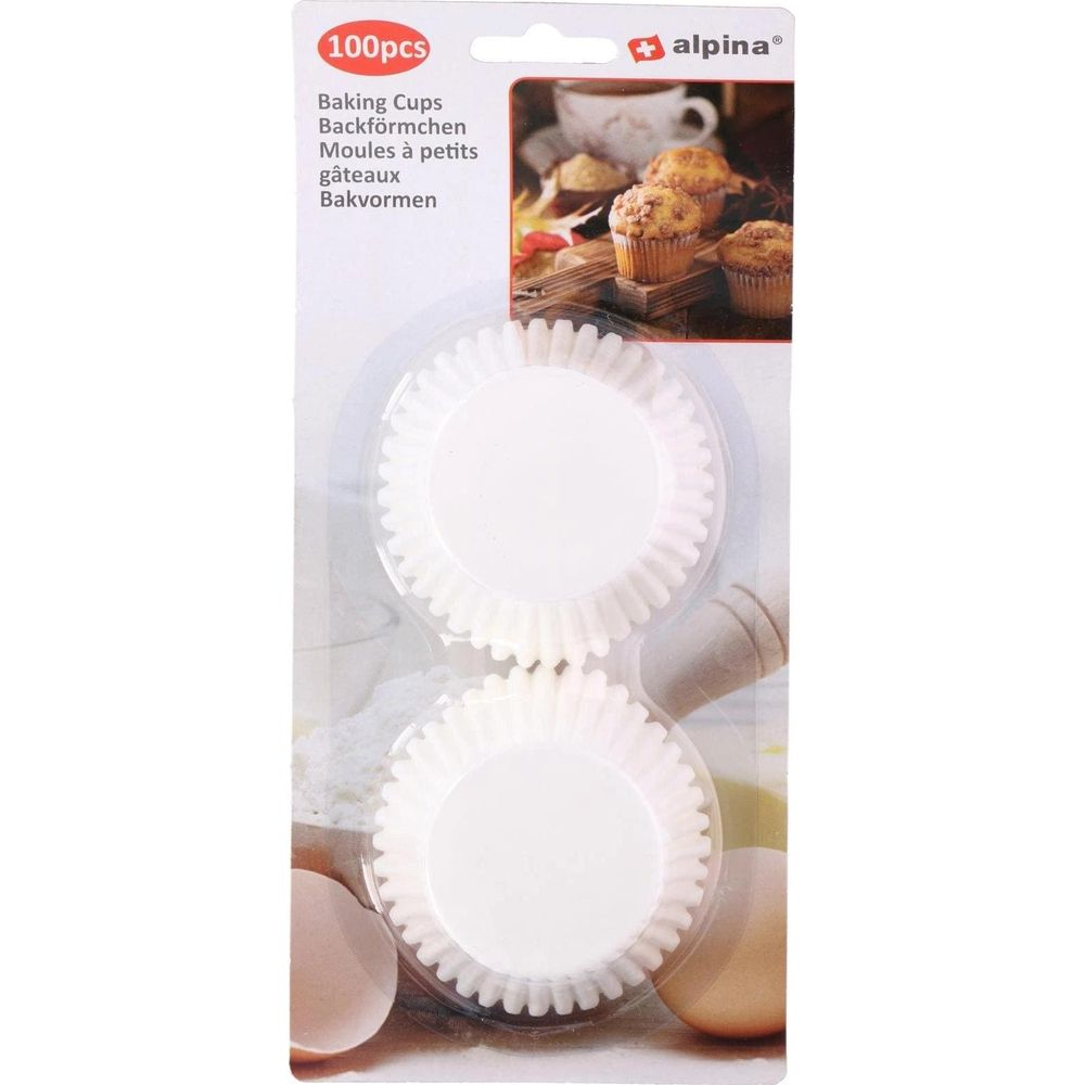 100 weiße Muffinförmchen im Paket, mit Bild von Muffins und Backzutaten.
