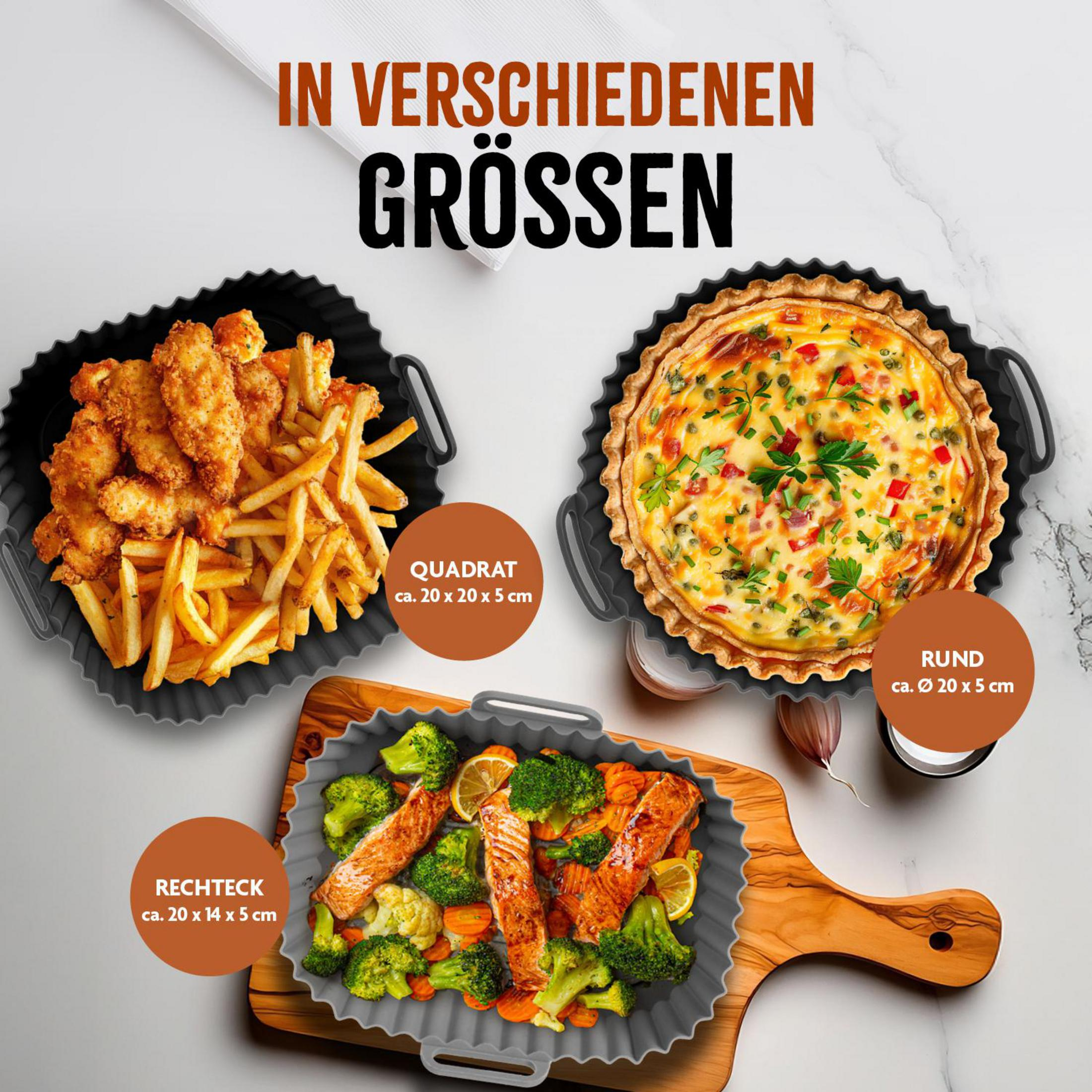 Drei Silikonformen mit Essen: Brathähnchen & Pommes, Quiche, Lachs & Gemüse.