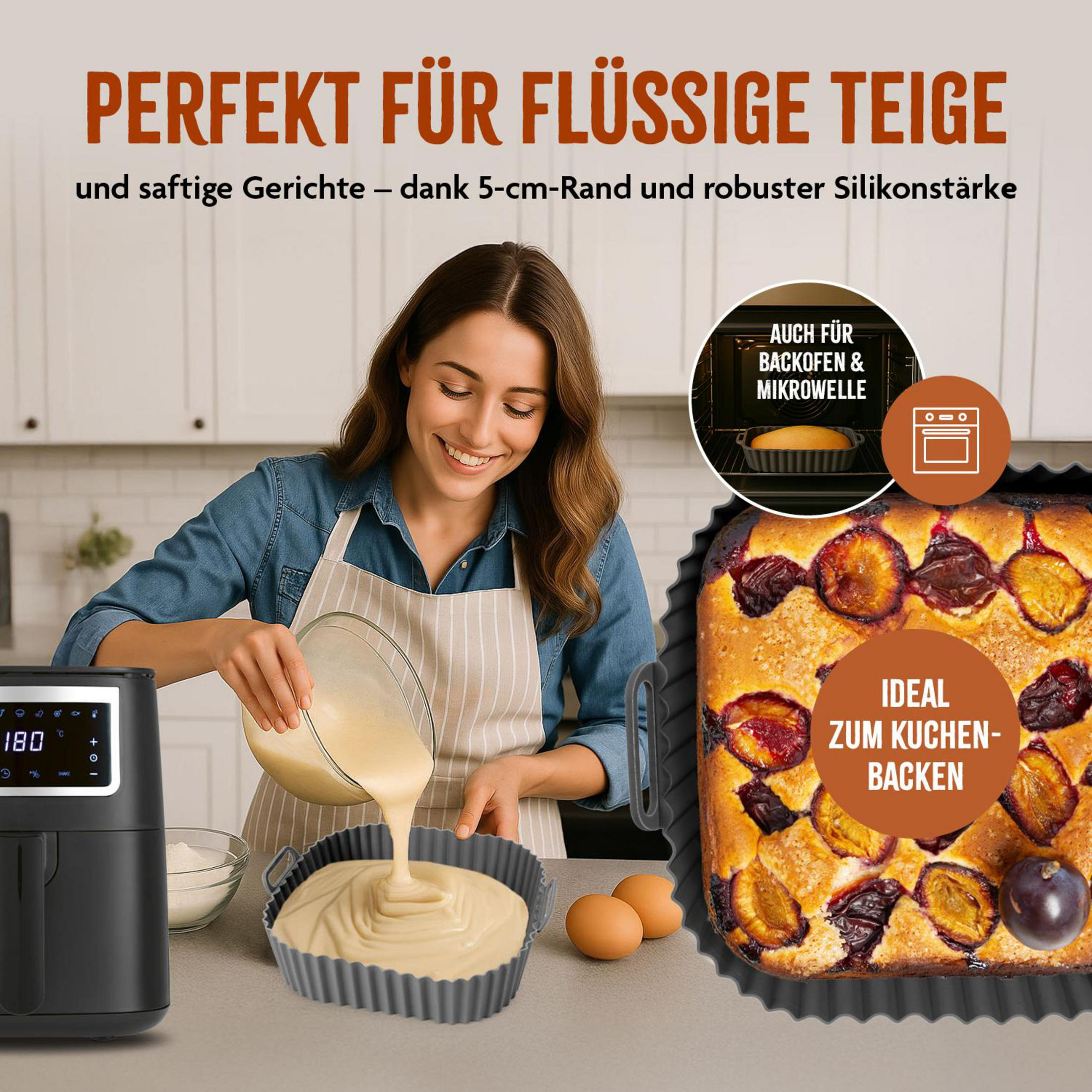 Frau gießt Teig in eine Silikonform neben einer Heißluftfritteuse. Ein Kuchen ist im Hintergrund zu sehen.
