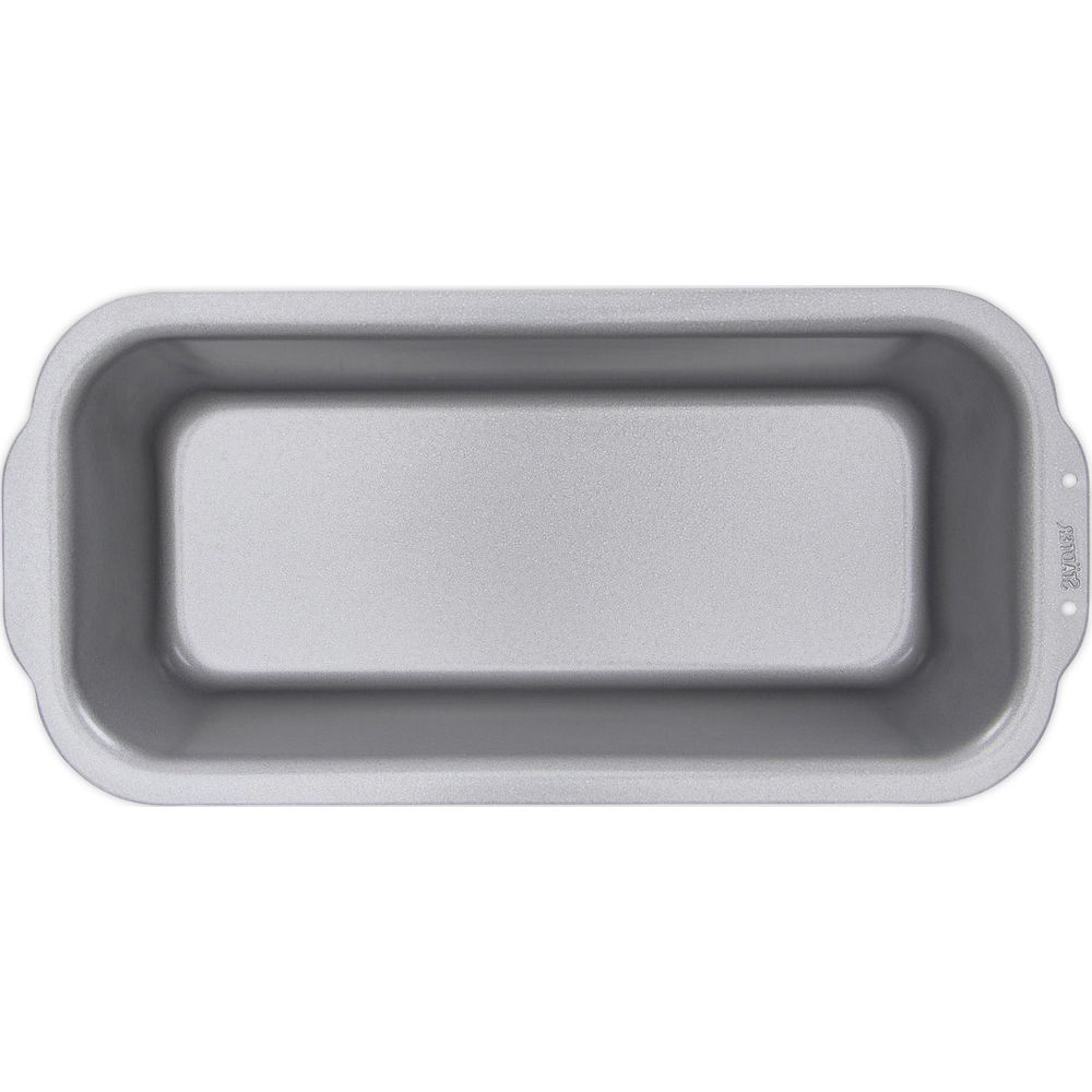 Graue rechteckige Backform aus Metall mit abgerundeten Ecken und Griffen.