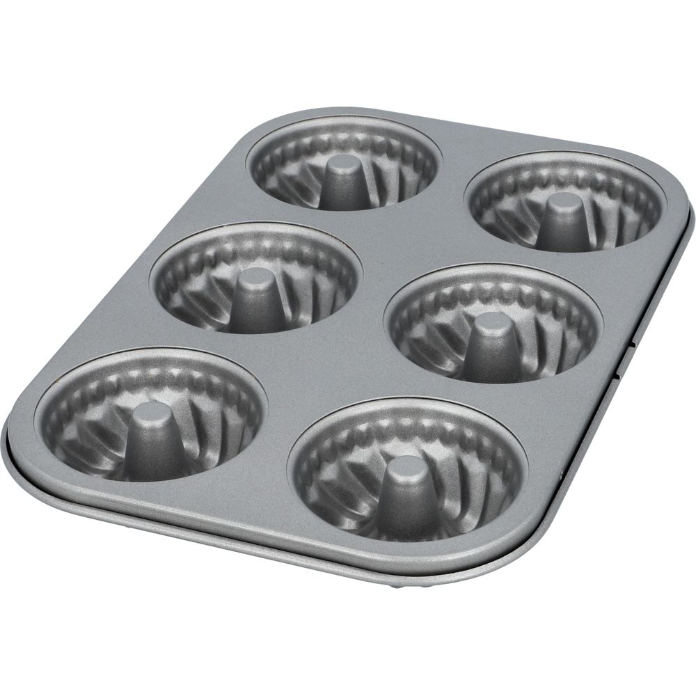 Graue Gugelhupfform für 6 Mini-Kuchen mit gerippten Seiten und zentralem Kegel.
