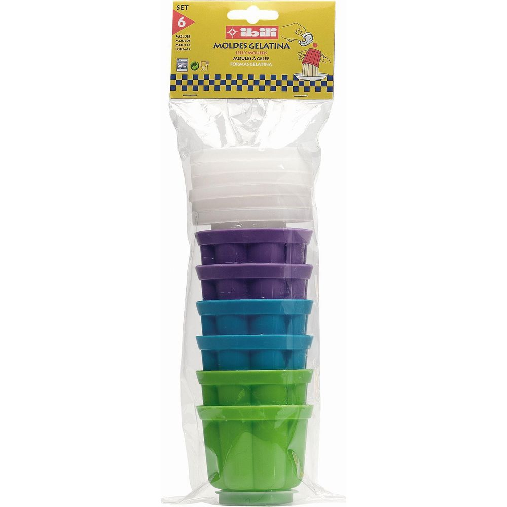 Ein Set mit 6 bunten Plastik-Geleeformen in Lila, Türkis und Grün.
