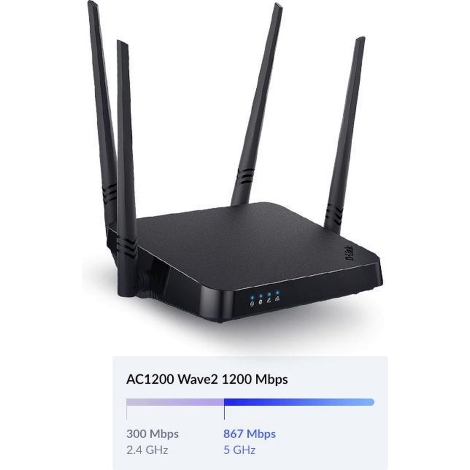 Czarny router Wi-Fi z czterema antenami i niebieskimi lampkami kontrolnymi.
