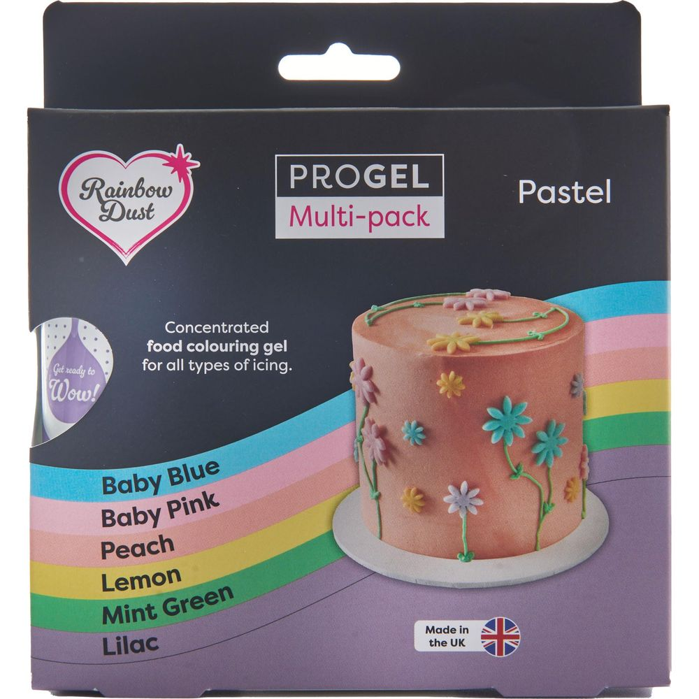 Eine Packung Rainbow Dust Progel Pastell-Lebensmittelfarben für Zuckerguss.