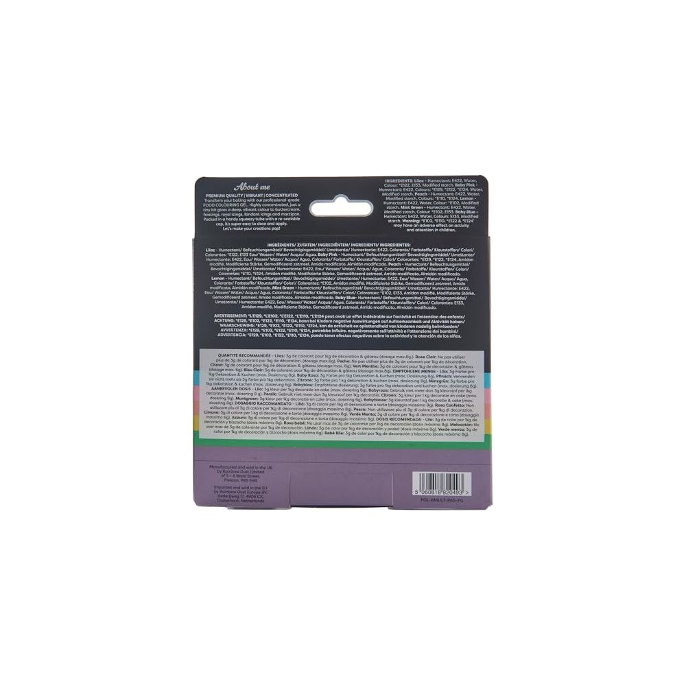 Verpackung mit Lebensmittelfarben-Gelen in verschiedenen Farben und Produktinformationen.
