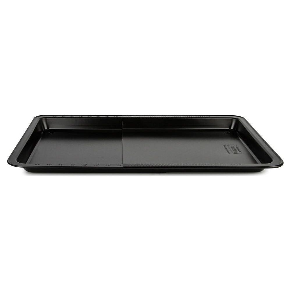 Une plaque de cuisson noire avec des échelles de mesure sur les côtés et un diviseur au milieu.
