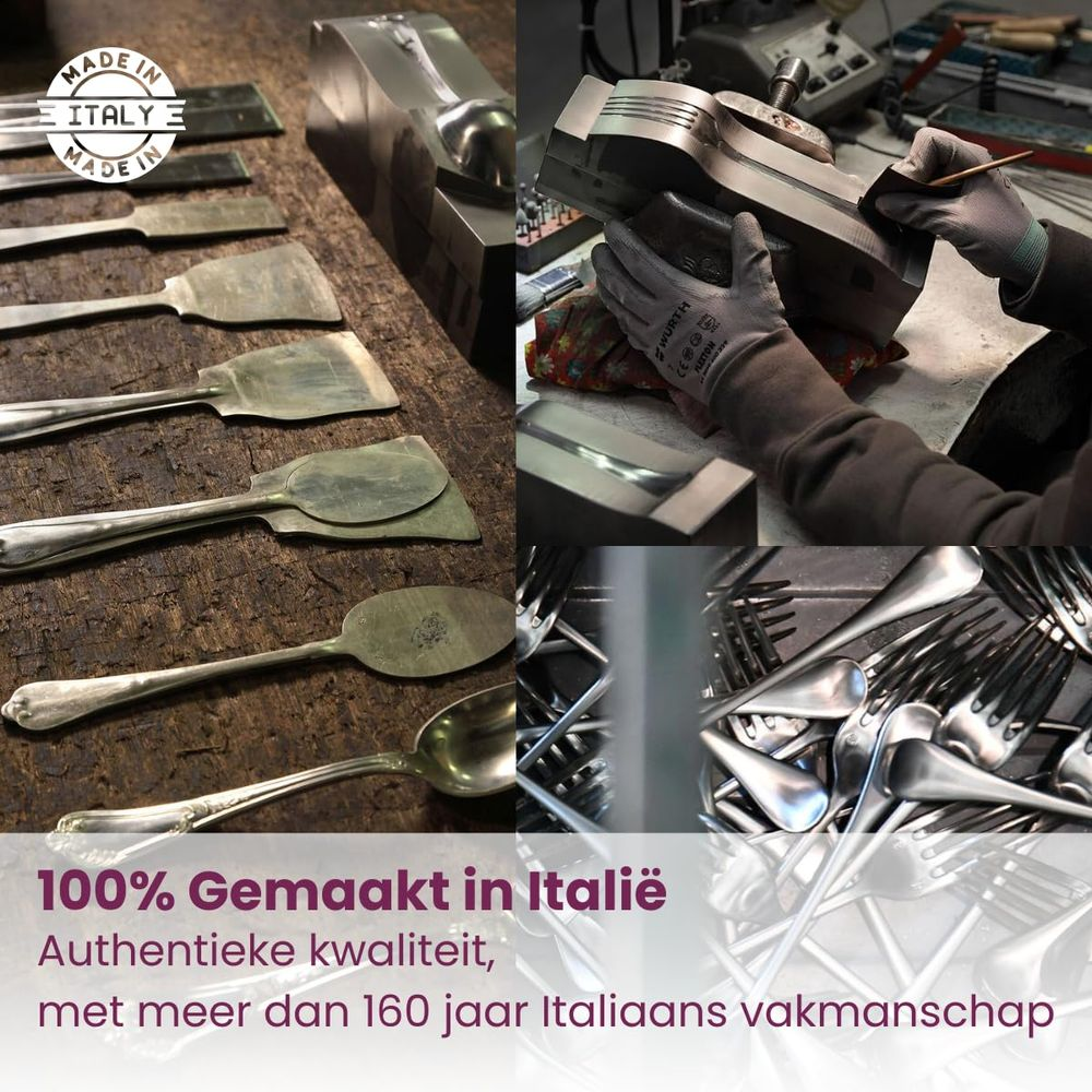 Collage montrant la fabrication de couverts en Italie : outils, moules et fourchettes/cuillères.