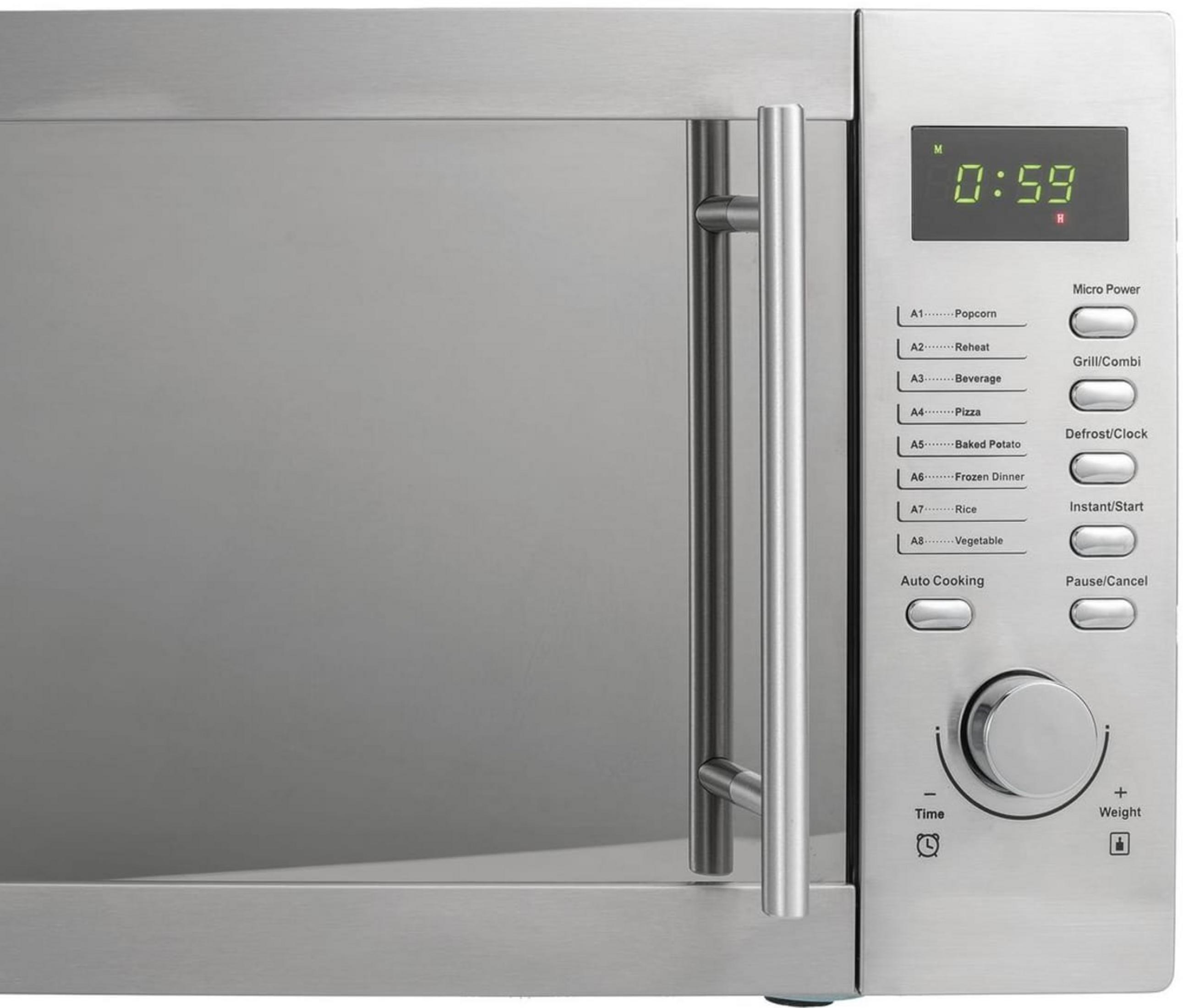 Forno a microonde in acciaio inossidabile con display digitale, maniglia e pannello di controllo con pulsanti.