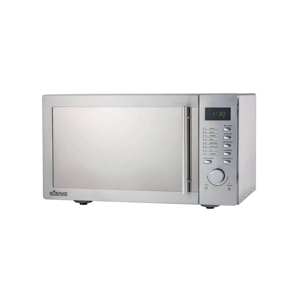 Un forno a microonde KOENIG argentato con display digitale e pannello di controllo.