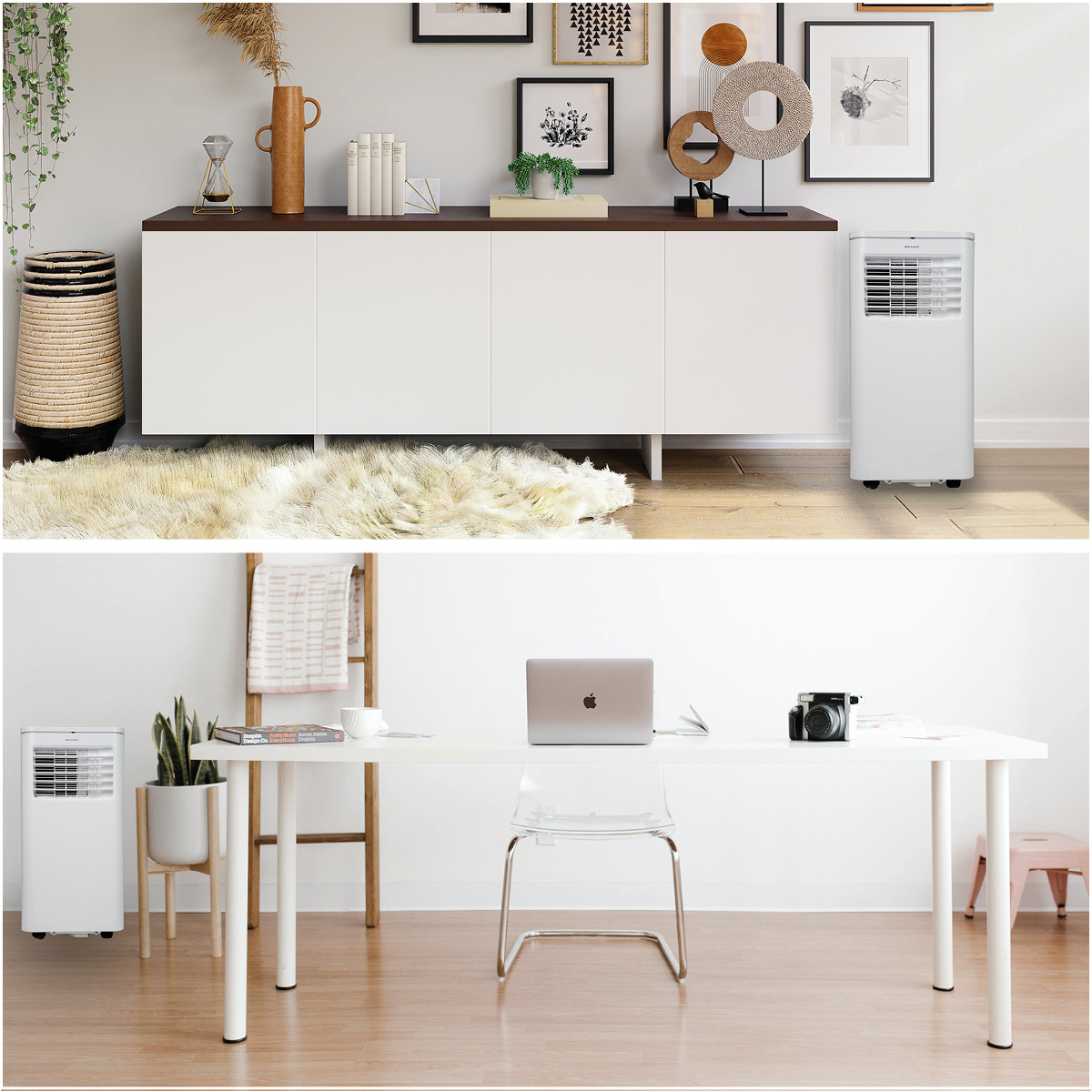 Living room with white sideboard & portable AC. Office with desk, laptop & camera.