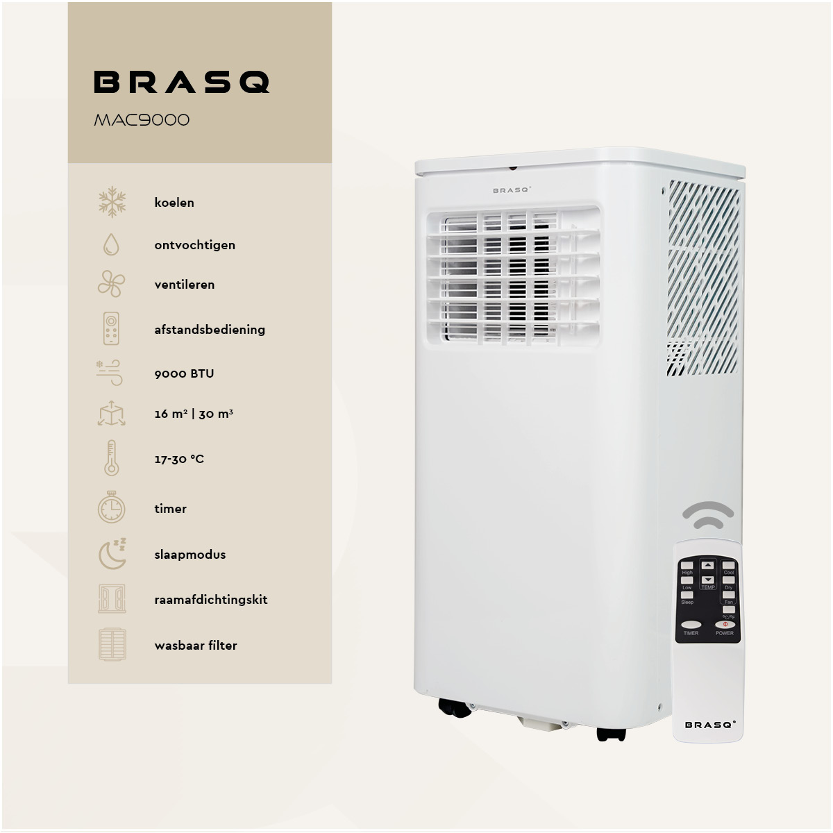 A white portable air conditioner with remote control and feature list.