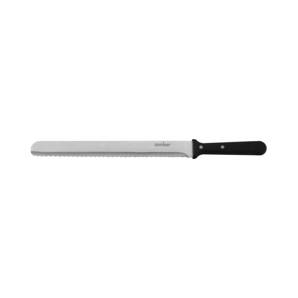 Ein Zenker Brotmesser mit schwarzem Griff und gezackter Klinge.
