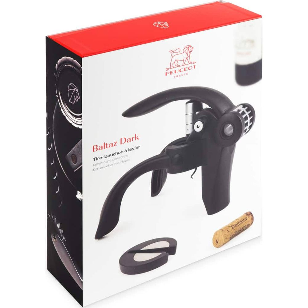 Scatola con cavatappi nero Peugeot Baltaz Dark a leva e tappo.