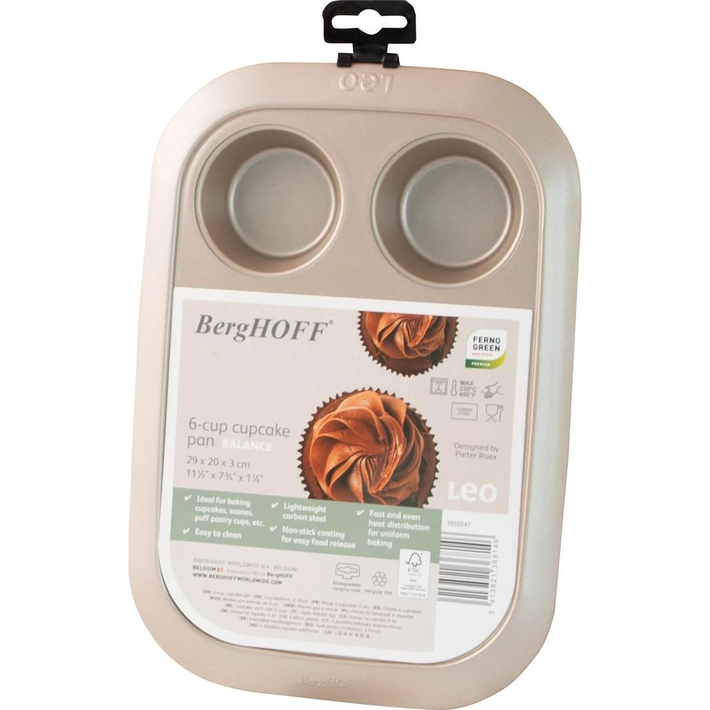 Goldfarbene 6er-Muffinbackform von BergHOFF mit Beschreibung und Bildern von Muffins.