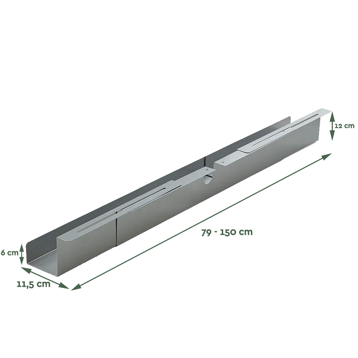 Grijze metalen goot, afmetingen 6x11,5x12 cm, lengte 79-150 cm verstelbaar.