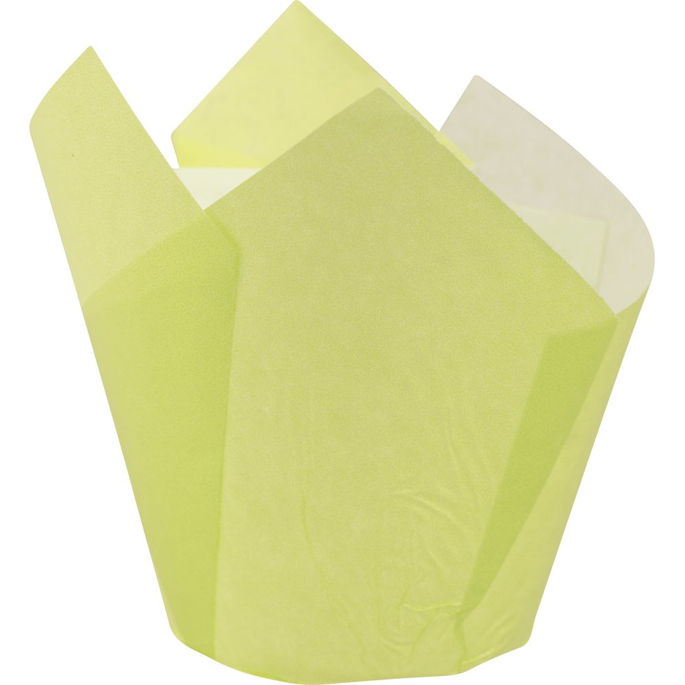 Un caissette à muffin en papier vert clair en forme de tulipe pliée.