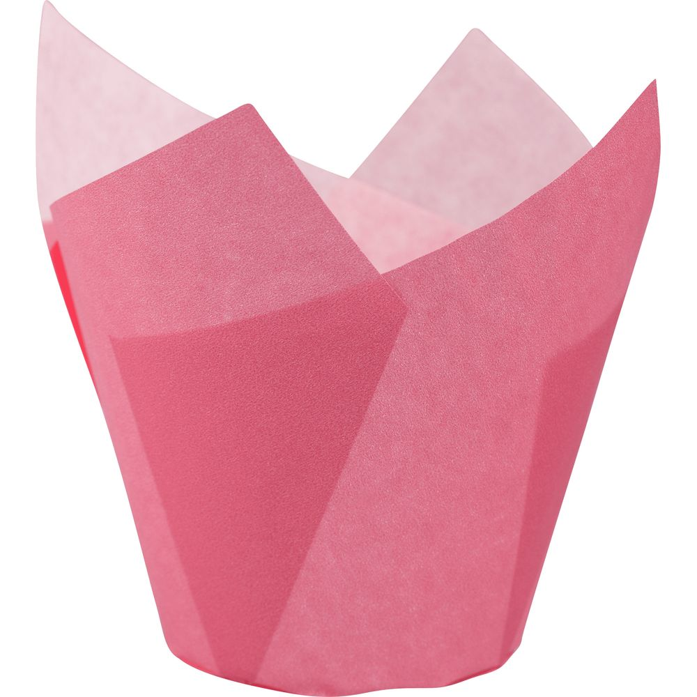 Une seule caissette à muffin rose en forme de tulipe, surface texturée.