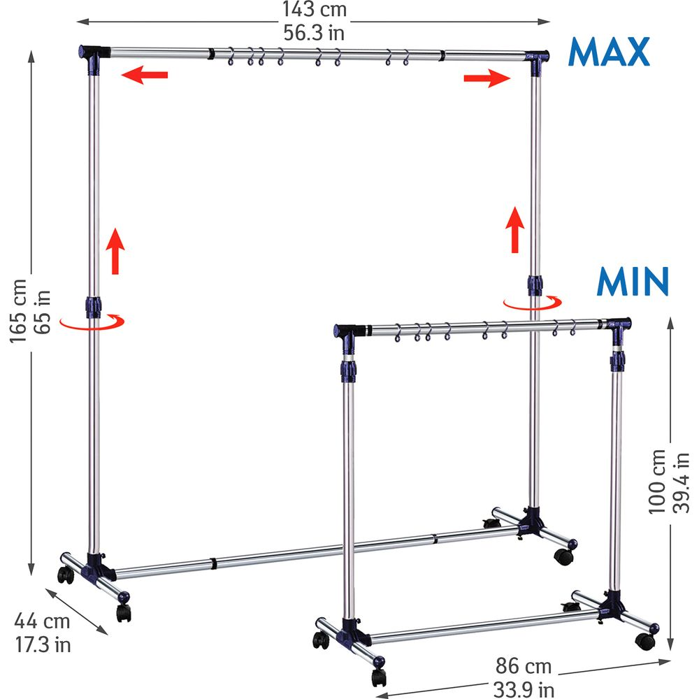 Deux étendoirs à linge extensibles sur roulettes, réglages max et min.