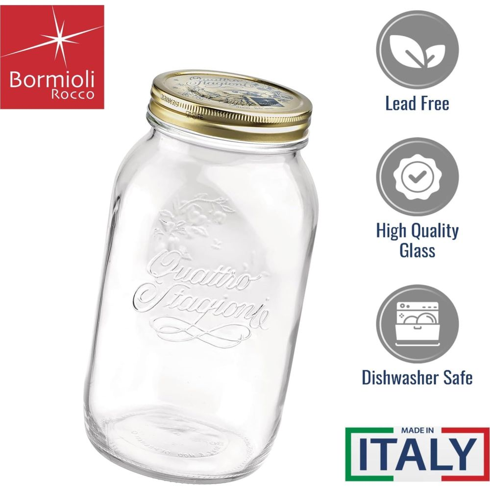 Un bocal Bormioli Rocco Quattro Stagioni transparent avec un couvercle doré. Fabriqué en Italie.