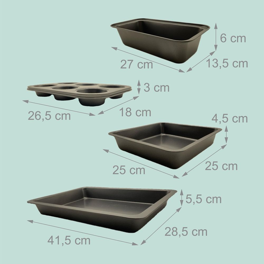 Trois moules à pâtisserie noirs avec dimensions indiquées : rectangulaire, à muffins et carré.