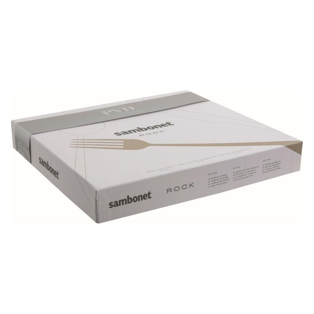 Eine weiße Sambonet Rock Besteck-Box mit Gabel-Aufdruck, PVD-Beschichtung.