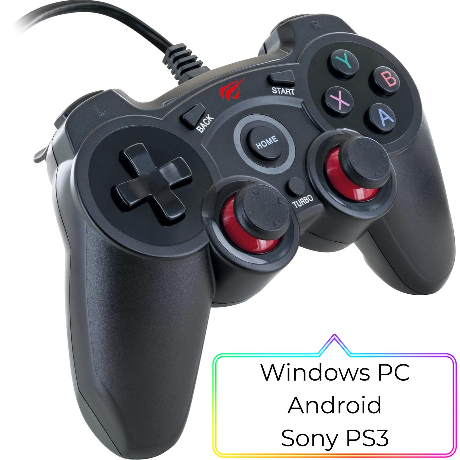 Schwarzer Gamecontroller mit Kabel, mit Tasten und Joysticks. Kompatibel mit PC.