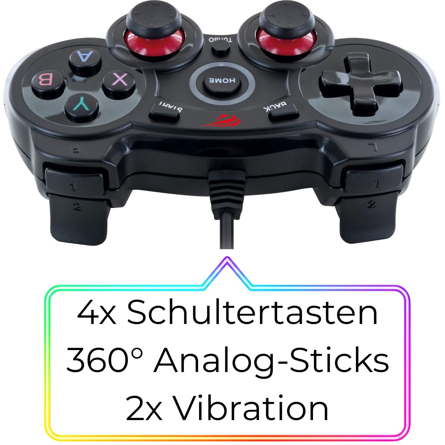 Schwarzer Gaming-Controller mit Knöpfen, Sticks und Kabel. Features: 4x Schultertasten, 360° Analog-Sticks, 2x Vibration.