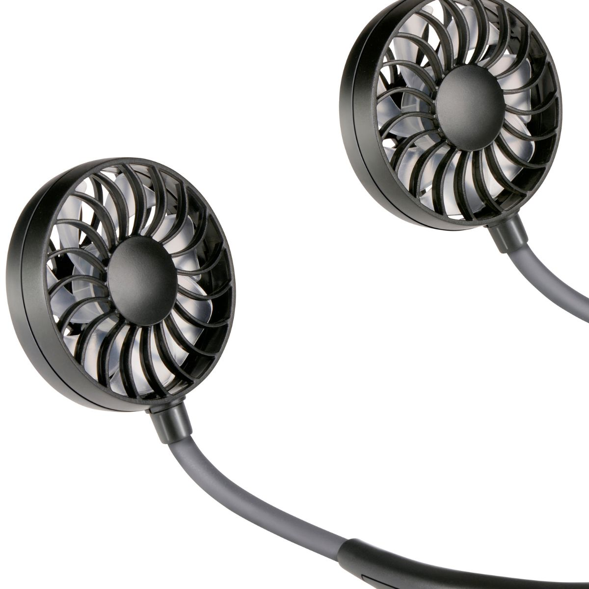 Deux ventilateurs de cou noirs avec pales transparentes sur un tube gris.