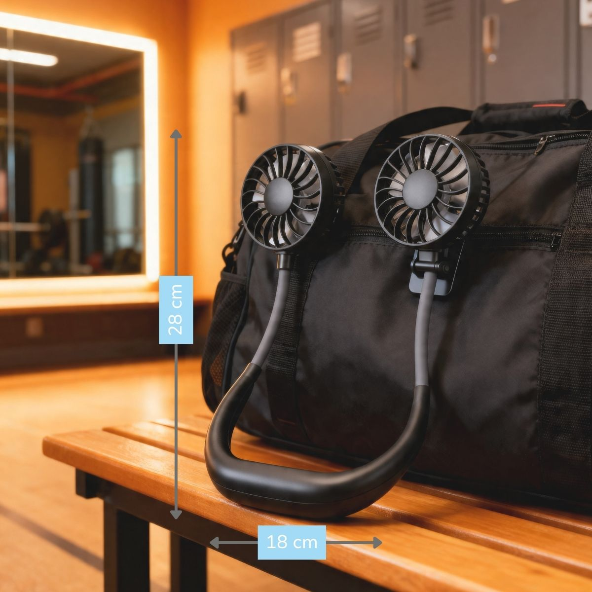 Ventilateur portable à deux turbines posé sur un sac de sport en vestiaire.