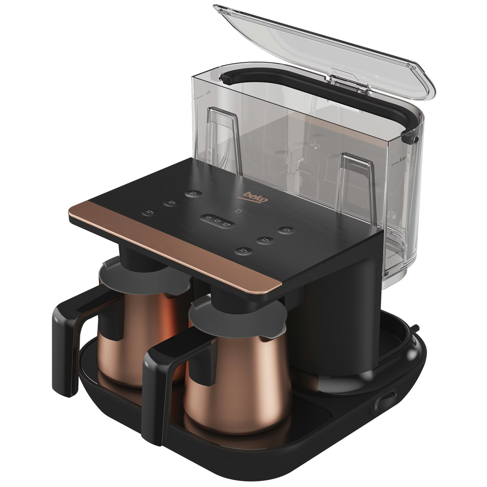 A black coffee machine with two copper-colored pots and a clear water tank.