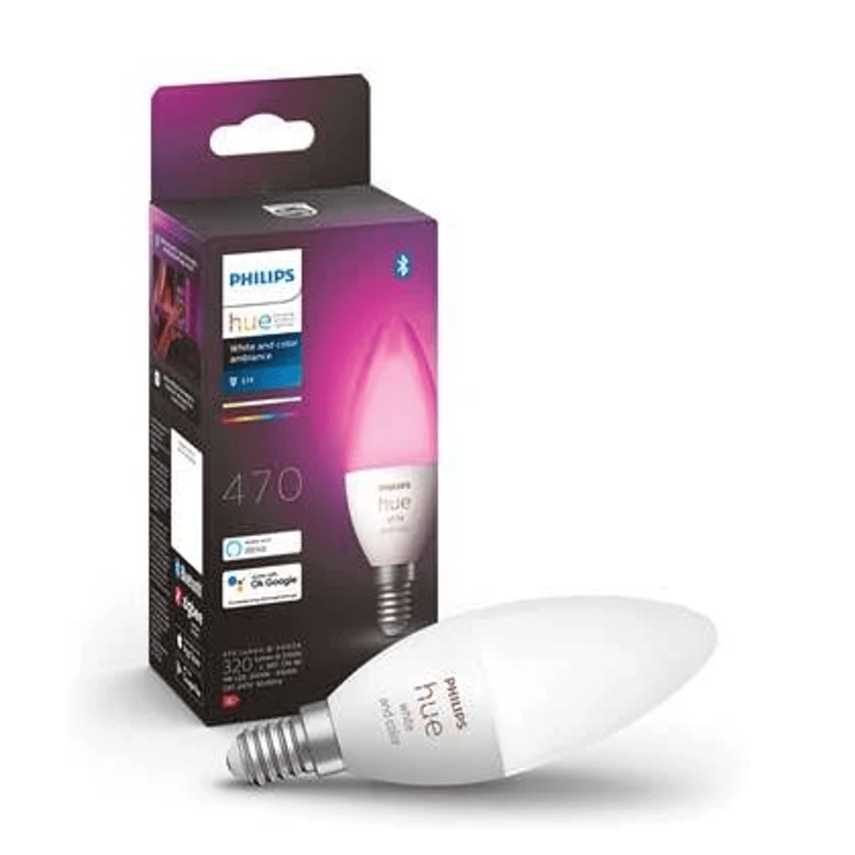 Eine Philips Hue Kerzenbirne und ihre Verpackung mit pinken Akzenten.