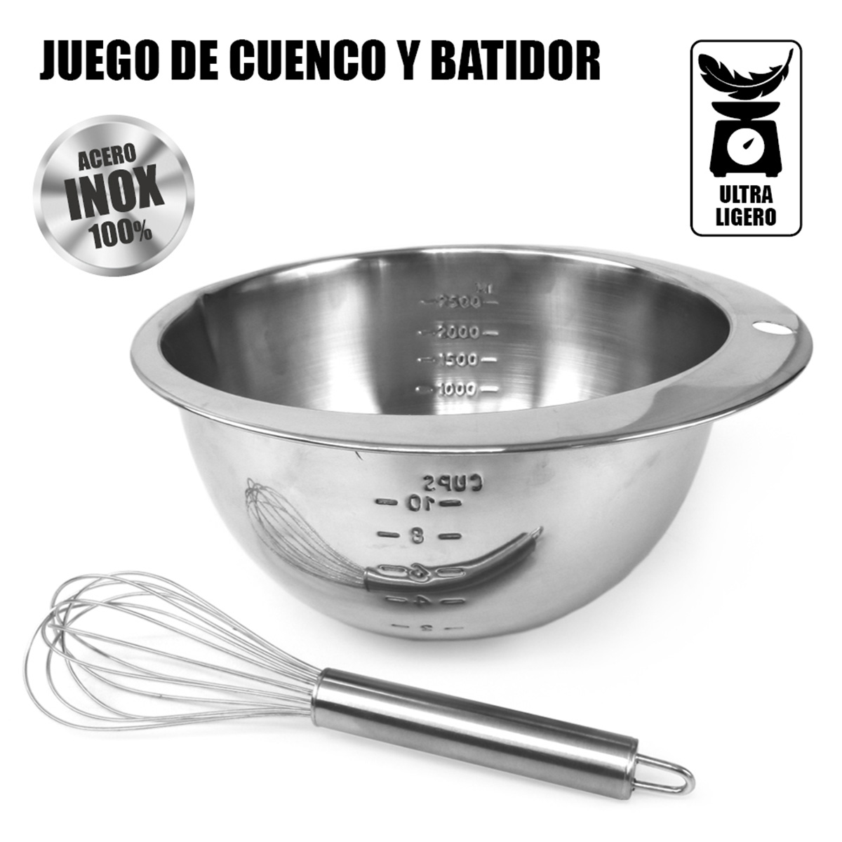 Bol de acero inoxidable con marcas de medida y un batidor al lado.