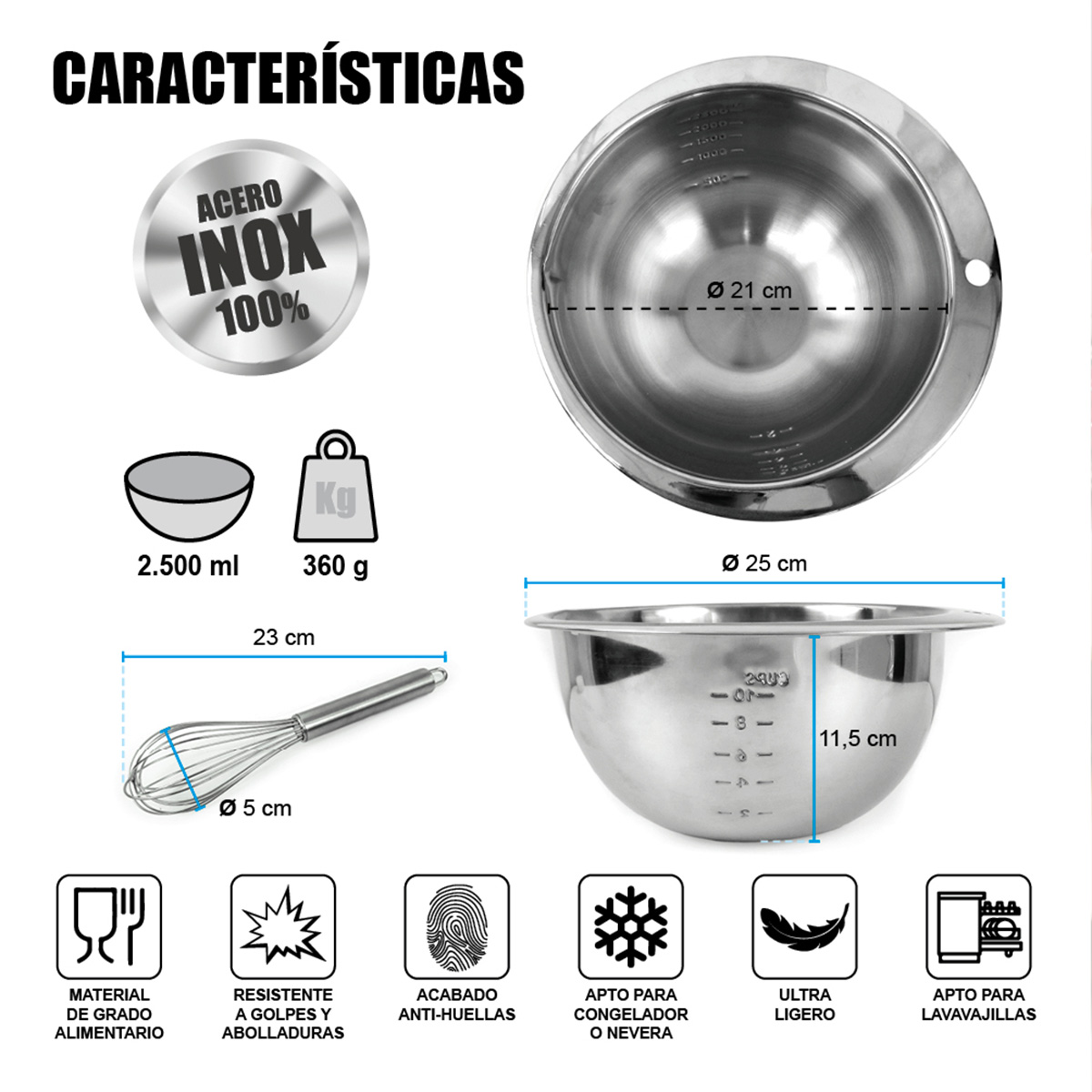 Bol de acero inoxidable con medidas, batidor, capacidad, peso y características.