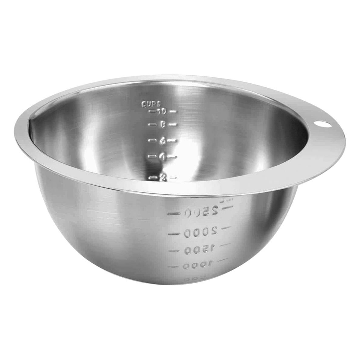 Bol mezclador de acero inoxidable con marcas de medida en tazas y mililitros.