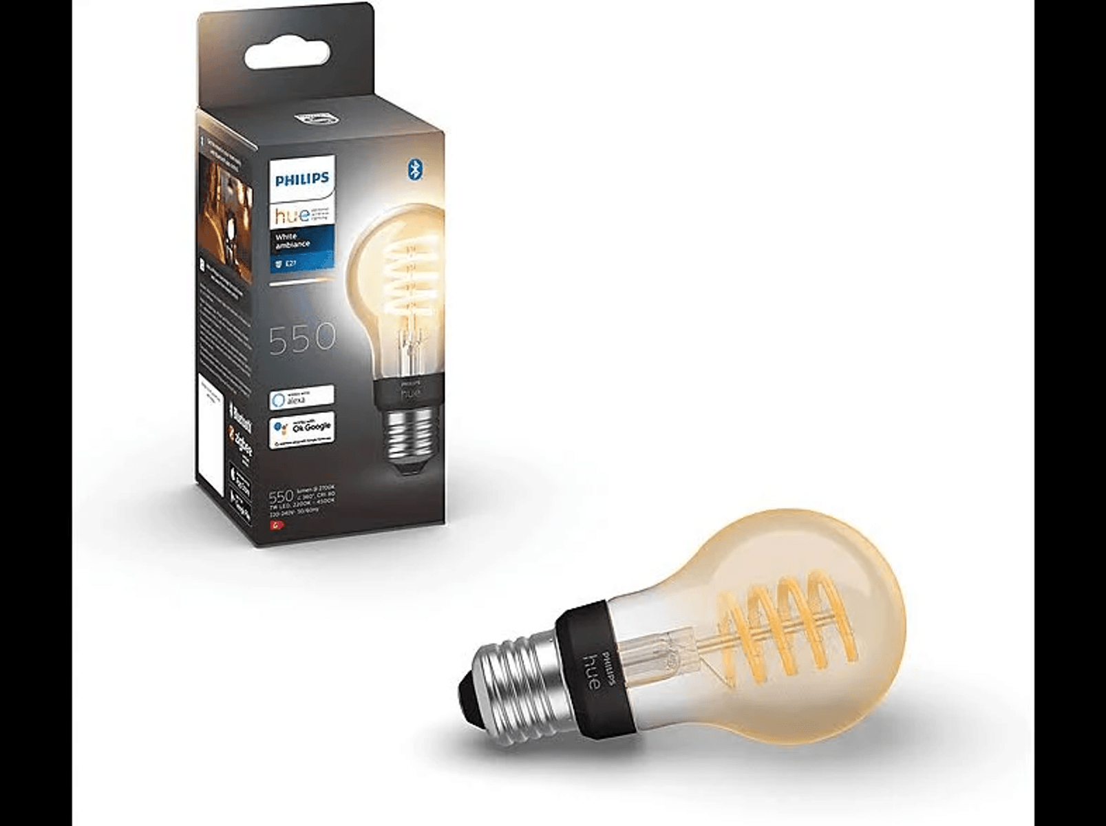 Philips Hue Glühbirnenverpackung und eine separate Edison-Schraubglühbirne mit Spiralwendel.
