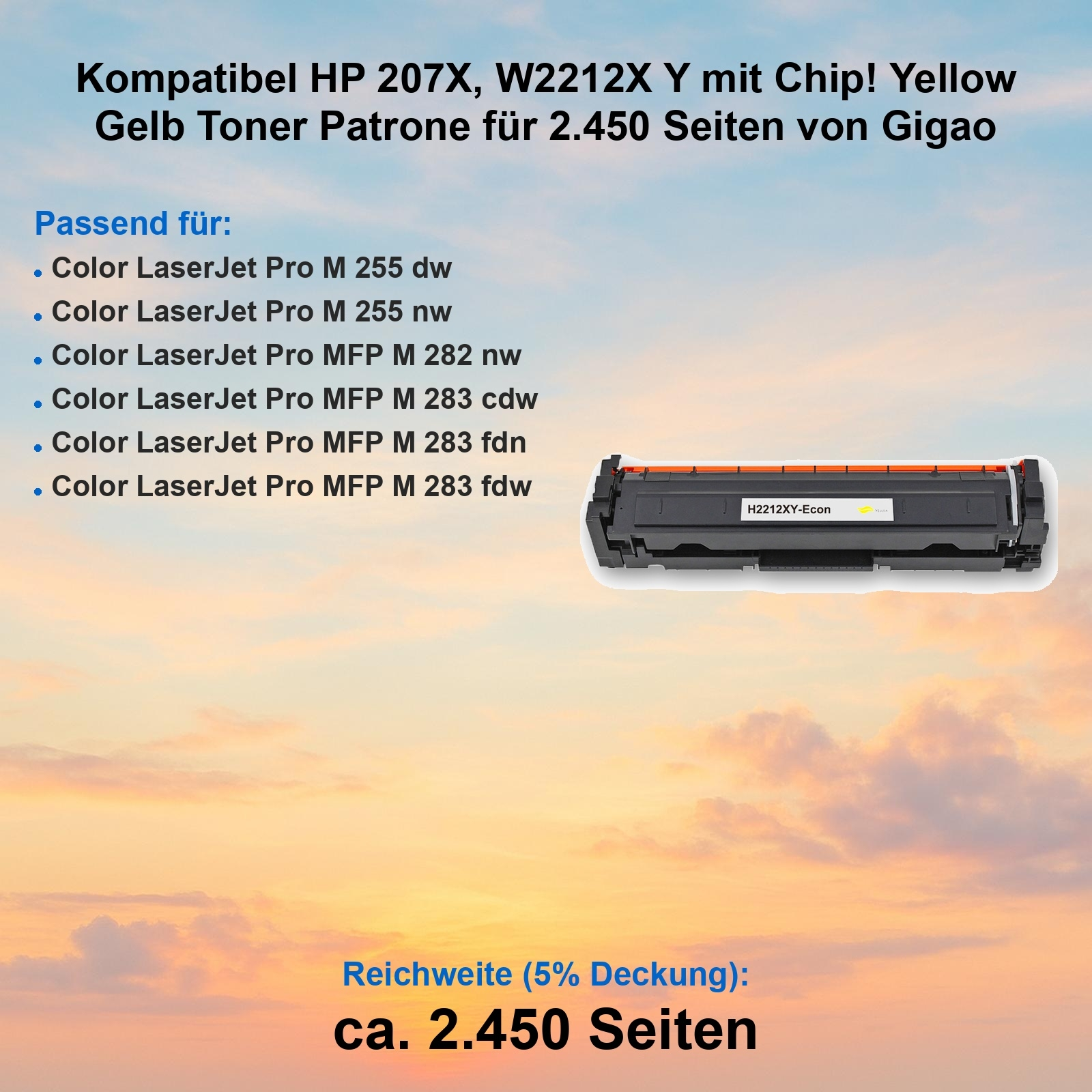 Gelber Toner HP 207X, 2.450 Seiten. Kompatibel mit LaserJet Pro M255, M282, M283.