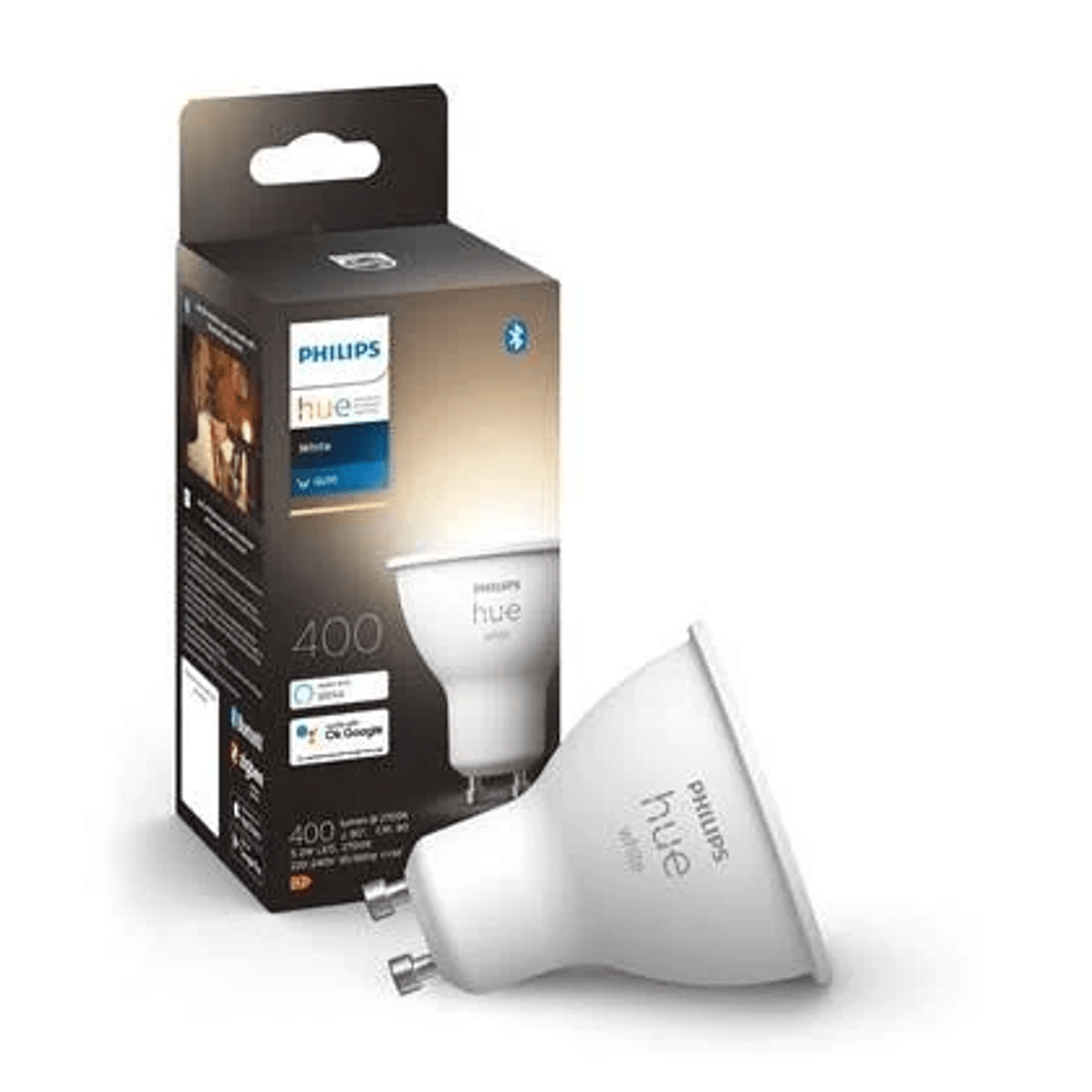 Philips Hue weißer Spot-Birne und seine Verpackung.