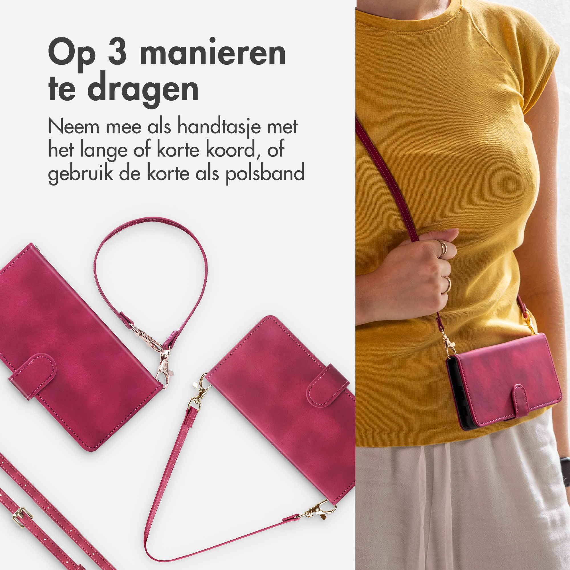 Eine Frau trägt eine gelbe Bluse und eine rosafarbene Hülle mit Riemen.
