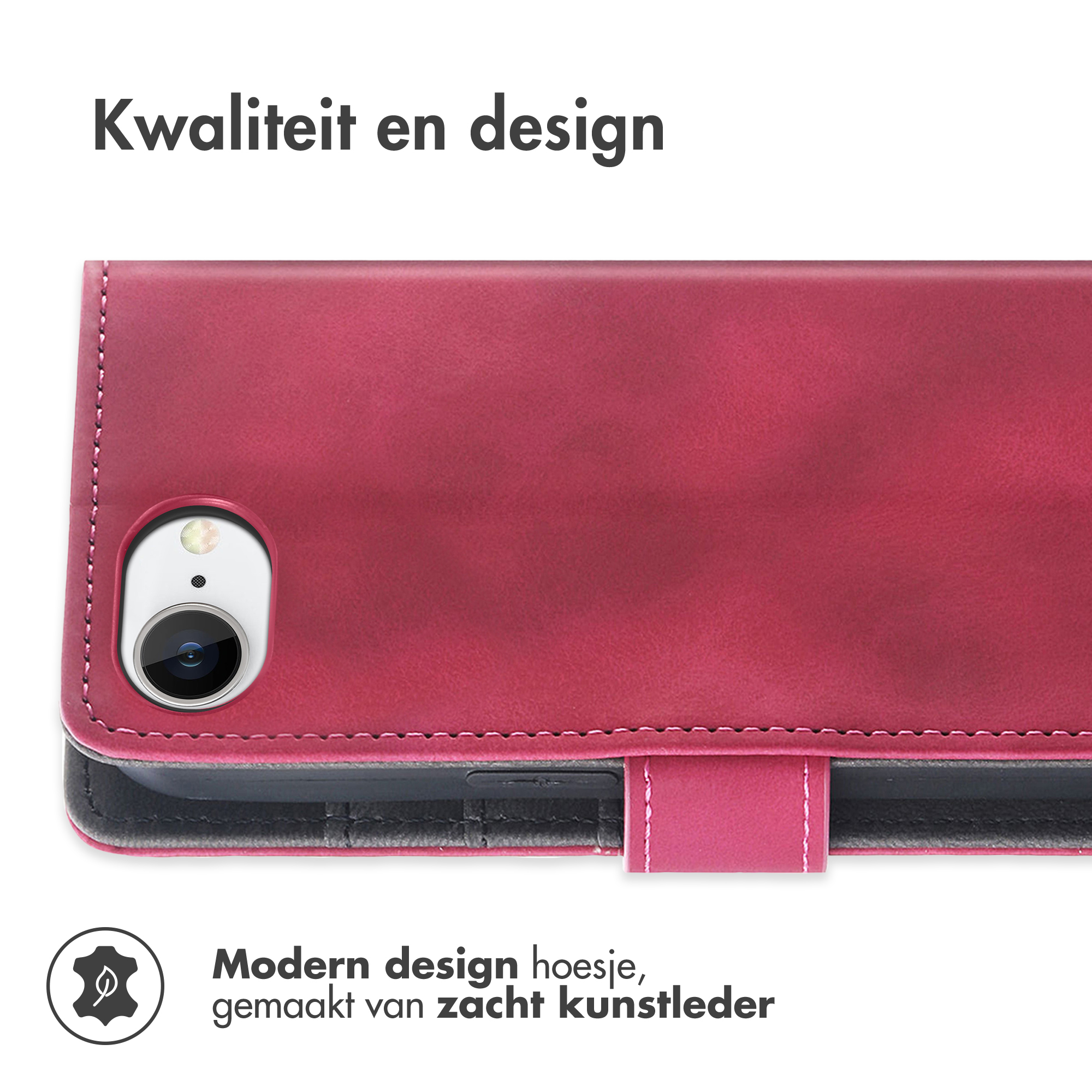 Ein pinkfarbenes Kunstleder-Flip-Case für ein Smartphone mit Kameraöffnung.