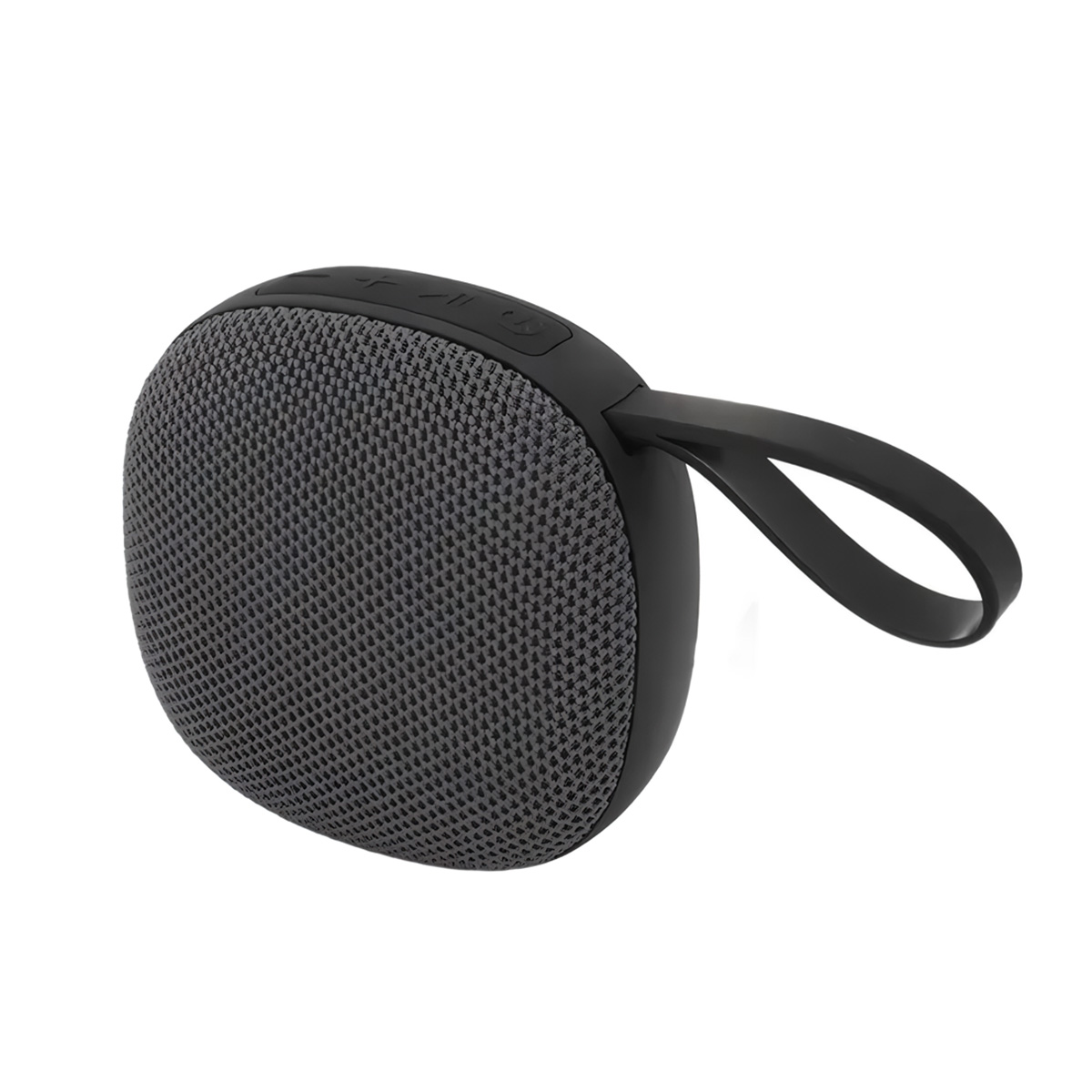 Altavoz de tela gris con correa de transporte negra y botones en la parte superior.