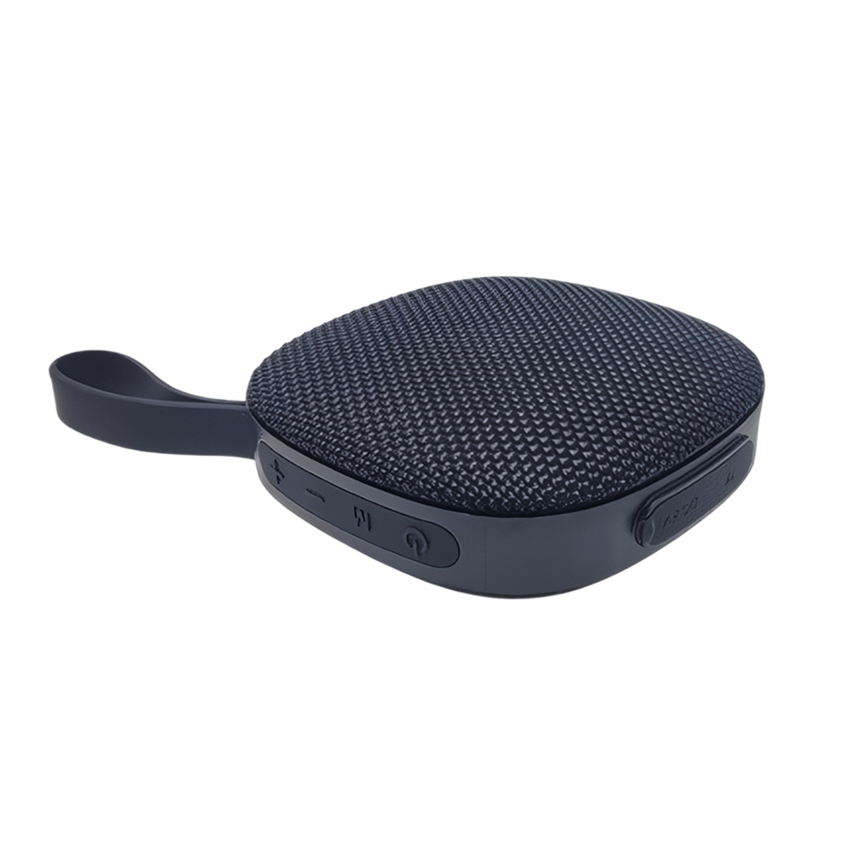 Un altavoz Bluetooth portátil gris oscuro con malla texturizada y correa.