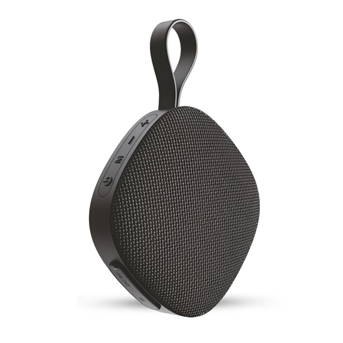 Un altavoz Bluetooth negro, en forma de diamante, con correa y botones de control.