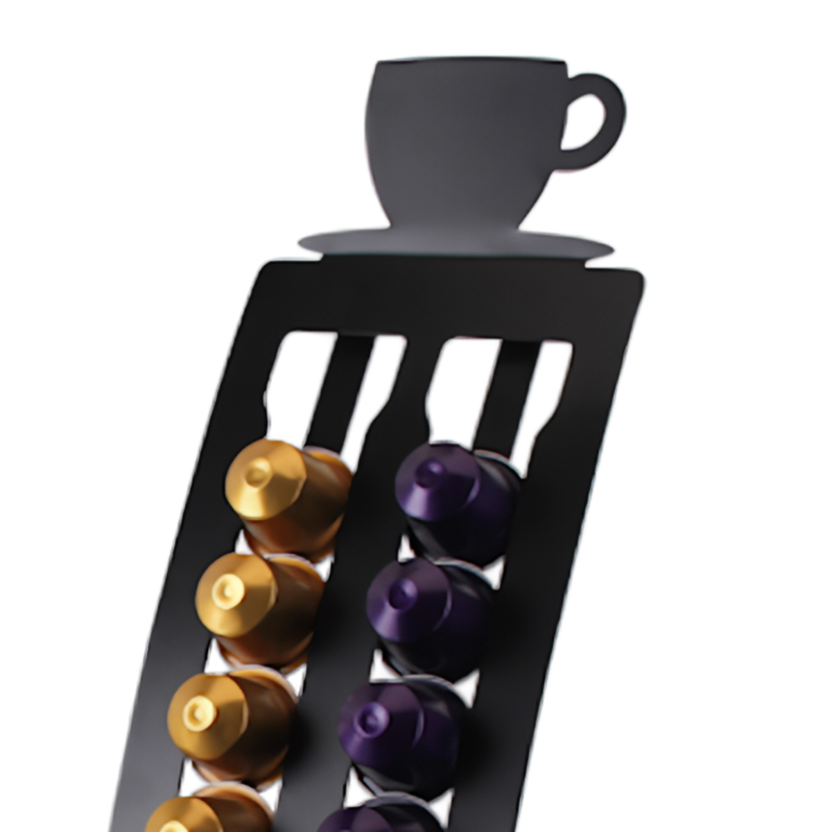 Portacápsulas de café negro con cápsulas doradas y moradas, silueta de taza arriba.