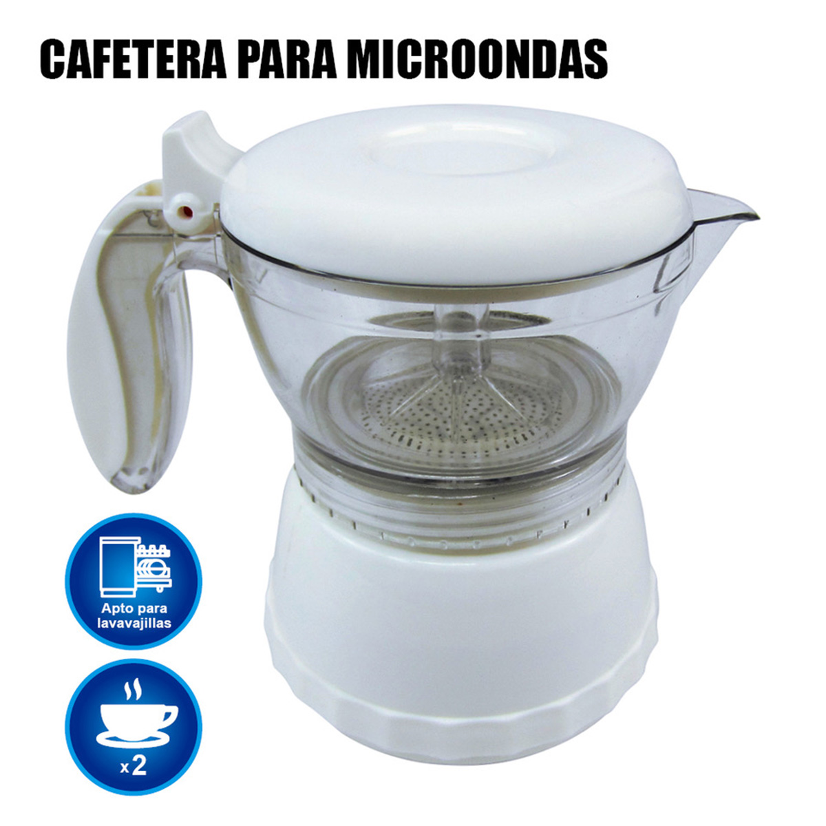Cafetera blanca para microondas con cuerpo, asa y tapa transparentes.